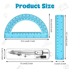 Zonon 3 Pcs Geometric Math Set, Drawing Compass, 6 Inch Protractor and Plastic Clear Ruler Transparent Drawing Supplies for School Classroom Home Office Use(Blue,6 Inch)