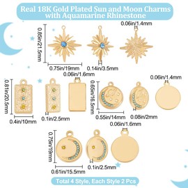 Beebeecraft 1 Box 8 Pieces 5 Style Star Moon Charms 18K Gold-Plated Stainless Steel Flat Round Rectangular Rhinestone Pendant Charm for Earrings Necklace Bracelet Jewellery Making