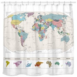 New! Map of The World with Detailed Major Cities. PVC Free, Non-Toxic and Odorless Water Repellent Fabric Shower Curtains - Large Home Decor Wall Map