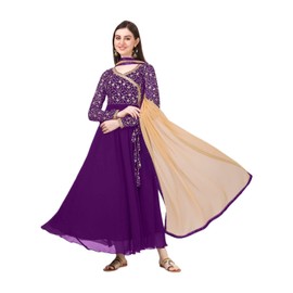Estationeryhouse Women's Georgette Anarkali Kurta Kurti with Heavy Embroidery with contrast Dupatta (Bottoms not included) (UK, Alpha, M, Regular, Regular, Purple)