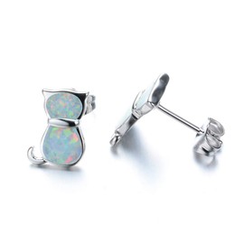 Kaguyo sterling silver Earrings for women, 925 sterling Silver blue/white opal shine cute cat stud earrings for women girls (white)