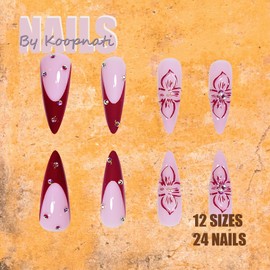 Long Almond Press On Nails 3D Design Leopard Print Press on Nails French Tip with Maroon Press On Nails Fall Nails for Women