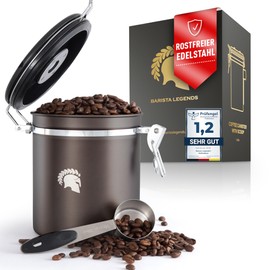 Barista Legends® Coffee Canister Airtight 500 g – Coffee Beans Container for the Aroma Protection of Your Coffee – Storage Container Made of Stainless Steel with Perpetual Calendar (Gunmetal)