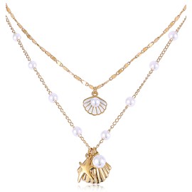 ValueBargain Sea Shell Necklaces for Women, Gold Seashell Layered Charm Necklace for Women, Multi Layer Coastal Pendant Ocean Theme Necklace Surfer Gifts Boho Summer Accessories