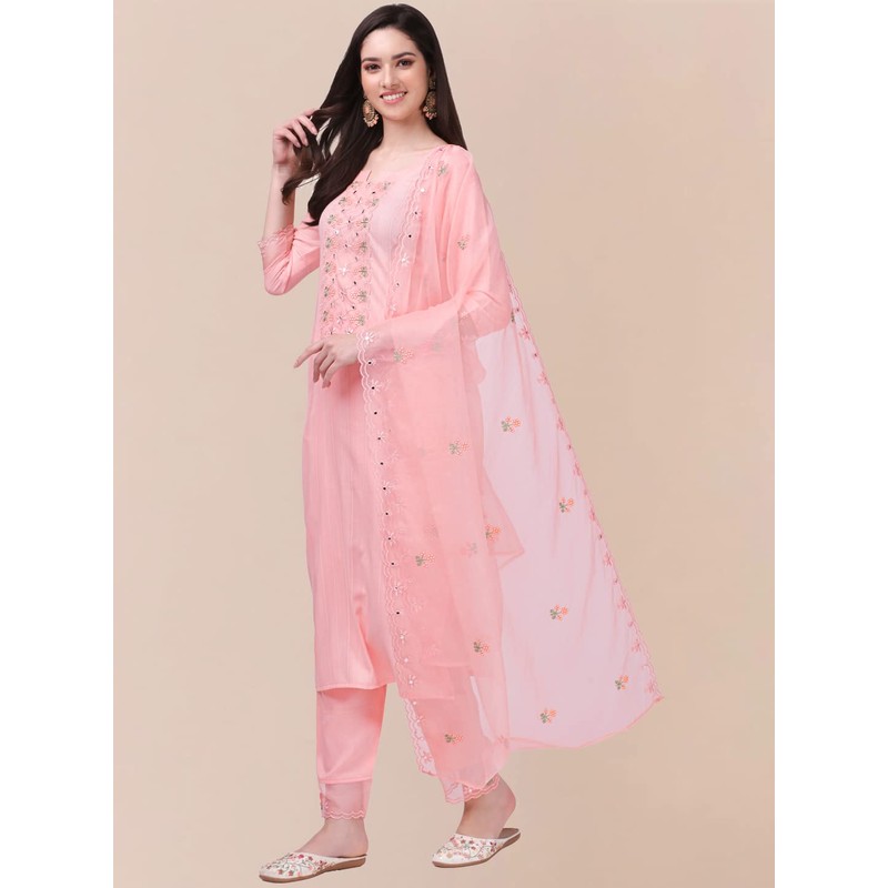 TRENDMALLS Women's Cotton Embroidery Kurta Pant Suit Set (TM.G103-LightPink-M)