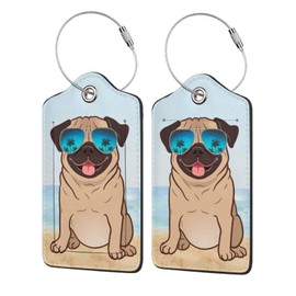 Funny Pug Dog Sunglasses Beach 2 Pack Luggage Tag for Suitcase, Leather Name Tag Id Label Luggage Tags with Stainless Steel Loop and Privacy Cover for Women Men Teens Travel