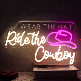 Runalosa Wear The Hat Ride The Cowboy Neon Sign Dimmable Western Cowboy Neon Light Sign for Wall Decor Cowgirl Led Signs for Man Cave Bar Pub Farm Party Club Bedroom Decor Gift 16.5" x 9.9"