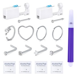 AVYRING Nose Piercing Kit - 2 Packs Silver Self Piercing Gun with Nose Rings & Studs, Hypoallergenic Steel Tools at Home Disposable Safety Nose Piercing Gun Kit