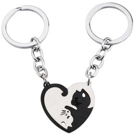 fogman Cat Pair Key Chain Couples Matching Heart Shaped Cute Anniversary Gift, black silver