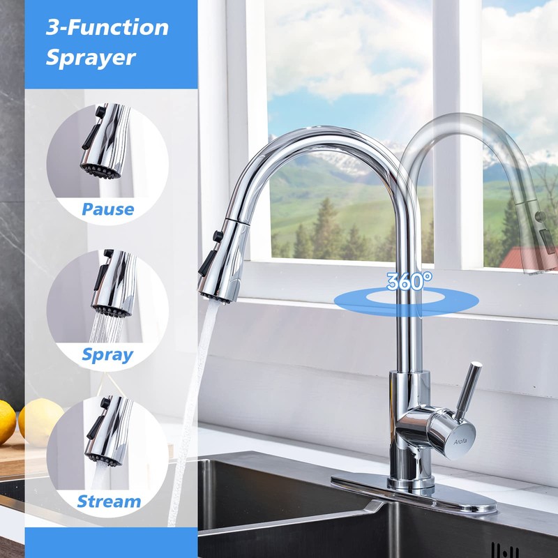 Chrome Kitchen Faucet, Arofa Pull Down 3 Hole Deck Mount