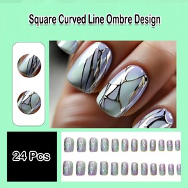 ANDGING Short Press on Nails Square Light Blue Glue on Nails with Glitter Gold Line Designs Fake Nails Manicure Acrylic Gel Medium Pressons False Nails for Wedding Fantasy Stick on Nails for Women