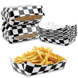 24pcs Race Car Paper Food Trays, Black and White Checkered Dishes Food Serving Plate Boxes Racing Themed Birthday Party Decoration Supplies for Popcorn Fries Cookie Snack, Needs to be Folded