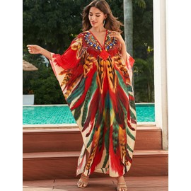 KECVOT Kaftan Dresses for Women Plus Size Batwing Sleeve Caftans Long Bathing Suit Cover Up Maxi Beach Dress Loungewear