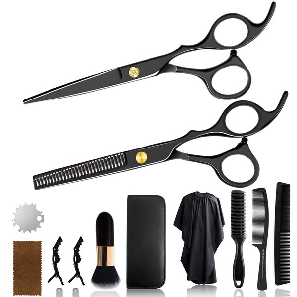 WeTest 12 PCS Hair Cutting Scissors Hair Cutting Shear Hairdressing Kit for Home, Salon, Barber, Gift, with Thinning Shears, Hair Razor Comb, Clips, Cape Kit, Black