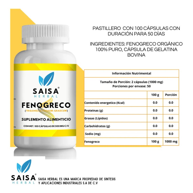 Fenogreco 100 Cpsulas 100 Puro Saisa Herbal Aumenta Energa y