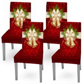 Whaline Christmas Chair Protector Stretch Elastic Chair Cover Red Jingle Bell Pattern Seat Cover Slipcovers for Christmas Party Kitchen Home Living Room Hotel Office Decoration, 4Pcs