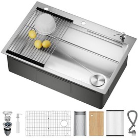 CAMMOO 33X22 Drop In Kitchen Sink with Pop-Up Drain, 304 Stainless Steel Workstation Sink, Upgraded Fast Drain, Topmount Single Bowl with Accessories, Foldable Grid for Easy Cleaning