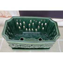 Fowargif 10inch Rectangle Ceramic Orchid pots with Holes with saucer (Shinny Green)