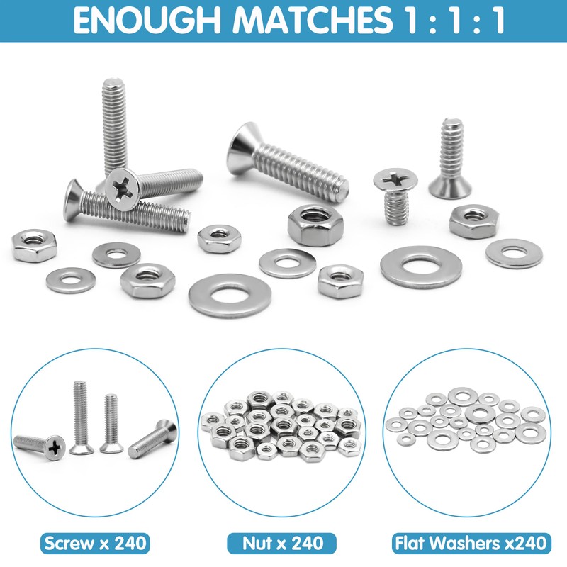 720Pcs Nuts and Bolts Assortment Kit, Machine Screws,SATANTECH #6-32#8-32#10-24#1/4-20 Stainless