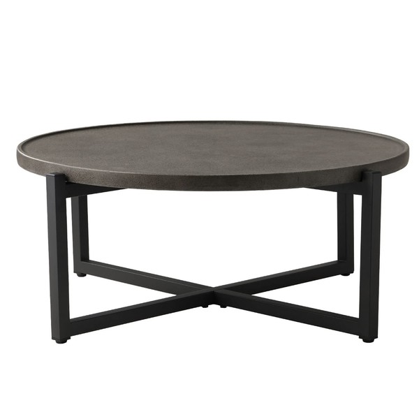 COSIEST Outdoor Coffee Table Dark Grey, 12''Hx31.5''W Round Top Patio Coffee Table Concrete Finish, Cross Member Support w 4 Legs, Metal Frame