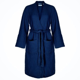 FOR SUSTAINABLE LIFE Muslin Unisex Bathrobe,Turkish 100%Cotton ,Soft, Absorbent, Natural Garment Wash (Navy Blue, Small / Medium)