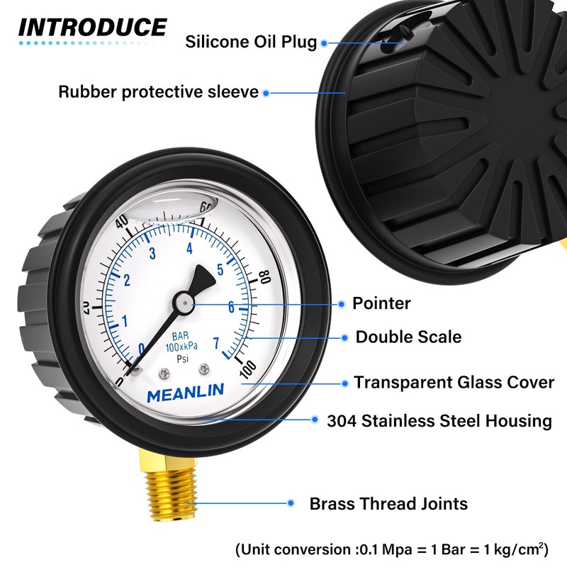 MEANLIN MEASURE 0~100Psi Stainless Steel 1/4" NPT 2.5" FACE DIAL
