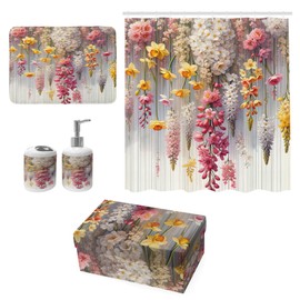 Ambesonne Spring Bathroom Decor Set 4 Pcs Including Shower Curtain with Hooks Bath Mat Soap Dispenser Toothbrush Holder in Box Essentials & Accessories, Farmhouse Dreamy Lavenders, Mustard Dried Rose