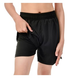 IRELIA Boys Box Brief Liner Compression Mesh Athletic Shorts Pocket Kids Quick Dry Active Sports Shorts with Reflective Strip Black 10-12