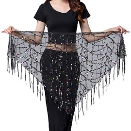 Wuchieal Women's Belly Dance Sequin Triangle Hip Scarf Sequins Mesh Triangle Wrap Skirts Black-Colourful