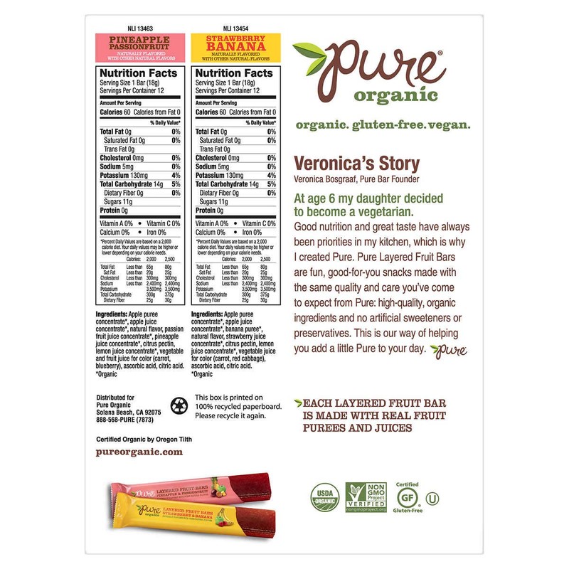 Pure Organic Layered Fruit bar Variety Package, 12 - Pineapple