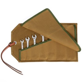 Wrench Organizer, Durable 16OZ Waxed Canvas Car Tool Bag - 7 Pockets - Metric & SAE Wrench Tool Roll with Tie Rope, Khaki (15.5" L x 9" W)