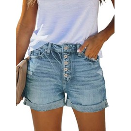 NEYOUQE Women's Jeans Shorts Button Waistband Summer Short Jeans Dungarees Plain, A-sky blue, M