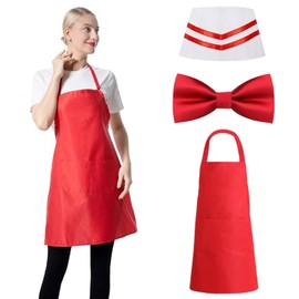 Difistik 3 PCS Apron and Chef Hat Set, Adjustable Butcher Apron Bib, Chef Outfit Adult Apron with Pockets Red and White Striped Halter Apron Cooking Baking Apron for BBQ Kitchen Gardening