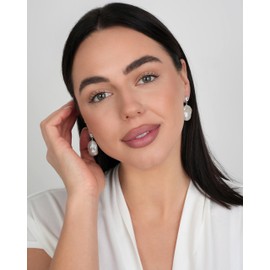 LILY LUSTRE 925 Sterling Silver Handpicked AAAA Quality Natural Freshwater Cultured Irregular White Baroque Pearl Drop Dangle Bridal Earrings for Women, Clear CZ Stud 23-25mm