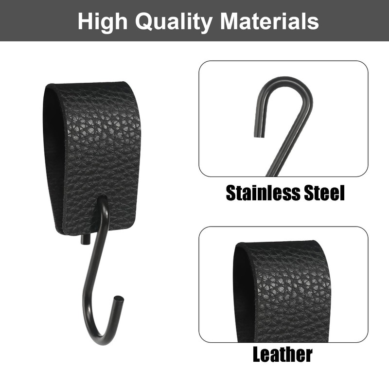 Funngy S Hooks with Leather Loop, Pack of 5 Black