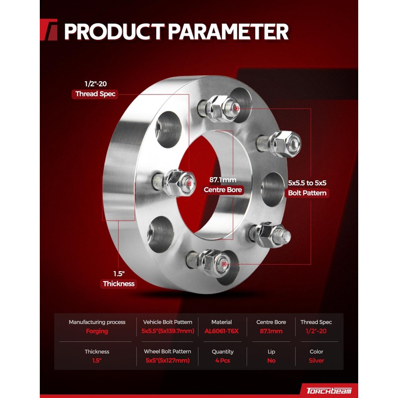 Torchbeam 5x5.5 to 5x5 Lug Centric Wheel Adapters 1.5 inch