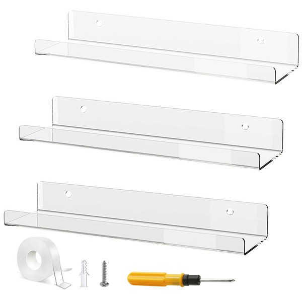 Albumgit 3 Pack Acrylic Wall Shelves, Self-Adhesive 15" Clear Floating Shelf Wall Mount, Invisible Kids Bookshelf, Display Storage Wall Ledge Shelves for Home Decoration and Organization
