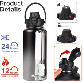 Water Bottle Insulated 32oz 40oz 64oz 128oz Straw Lid Spout Lid & 3 Lids, Leak Proof, Vacuum Insulated,Stainless Steel Water Bottle Wide Mouth for Sports, Gym or Office (Shadow, 32 oz)