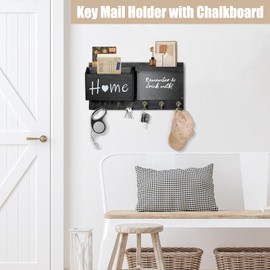 RELBRO Key Holder for Wall, Black Wooden Key Mail Holder with Chalkboard Wall Mount Key Rack with Shelf Mail Sorter Organizer with 12 Key Hooks Wall Decorative for Doorway Entryway Hallway