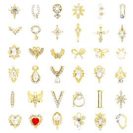 MWOOT 36 Pieces 3D Nail Charms, Bling Rhinestone Nail Art Decoration Kit, Heart Pearl Metal Gemstones Stones Crystal Gold Nail Stud Accessories for DIY Women Girls Manicure Salon Nails Decoration
