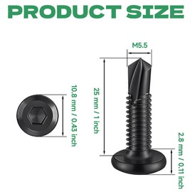 Jyvex Pack of 120 Self-Tapping Screws, Black, 5.5 x 25 mm, Stainless Steel Flat Head Hexagon Socket Screws Drilling Screws, Self Tapping Screws for Metal Wood with Hex Socket Drive