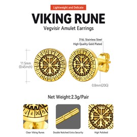 Gold Plated Viking Compass Earrings Studs, Stainless Steel Norse Runes Talisman Ear Stud Cool Punk Earring for Females Sisters