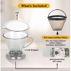 CPUNIVS Coffee Dripper with Reusable Coffee Filter #4 Tea Infuser for Loose Leaf Tea Steeper Large 18 oz BPA Free Dishwasher Safe (CLEAR)