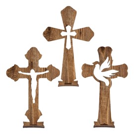 TOEECY 3 Pieces Cross Ornament, Hollow Wood, Creative Crafts, Crucifix, Religious Art Decoration, Rustic and Elegant for Home, Church, Living Room, Bedroom