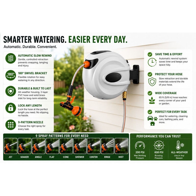 SucceBuy Retractable Garden Hose Reel 180° Swivel Bracket Wall-Mounted with