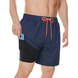 Mens Swim Shorts Mens Bathing Suits Mens Swim Trunks with Compression Liner Quick Dry Board Shorts Navy Blue L