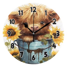 UMIRIKO Highland Cow Sunflower Animal Clock Bathroom Kitchen Wall Clock for Girl Boy Non Ticking Quiet Easy to Read for Bedroom Decor 9.8 Inch Round Clock S0404724