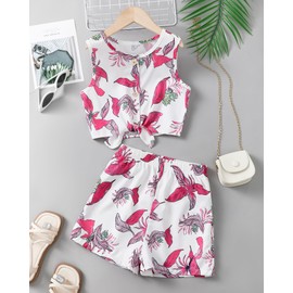 YOURUIKEY Girl Summer Outfit Cute Clothes for Kid Hawaiian Boho Beach Sleeveless Floral Crop Top Shorts Tween Girl Clothing Set Size 10