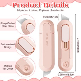 60 Pack Mini Box Cutters Retractable, Tiny Box Cutter with 4 Colors, Mini Cutter for Packages, Envelopes, Paper, Cardboard, Crafting, Office & Home Use, 3.15"(White, Blue, Green, Pink, 15 Each)