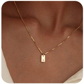 Inilbran Boho Initial Necklace Choker Gold Initial Square Choker Necklace Vintage Initial Tag Necklace Chain Geometric Square Pendant Necklace Jewellery for Women and Girls, Zinc, No Gemstone